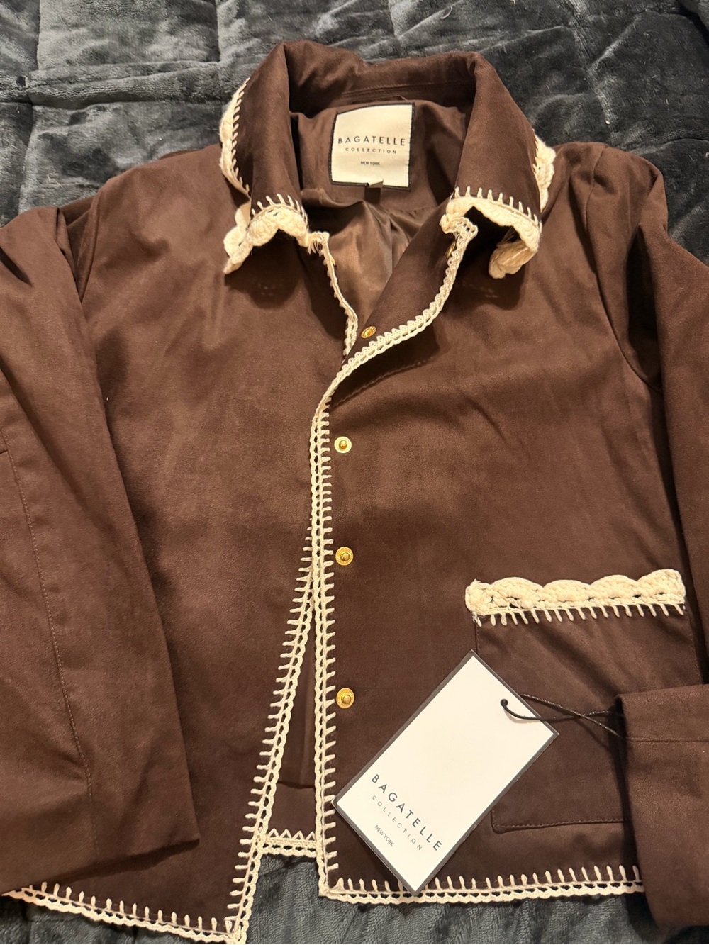 Bagatelle Collection Brown Suede Crochet Trim Button Collared Jacket Size M - Picture 4 of 5